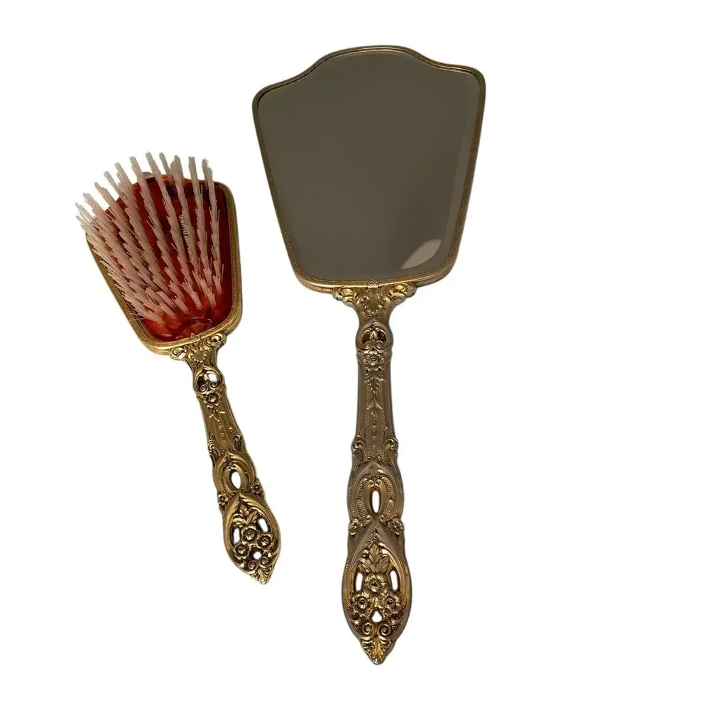 Vintage Matson? Vanity Hair Brush Hand Mirror Hollywood Regency Floral FLAWED